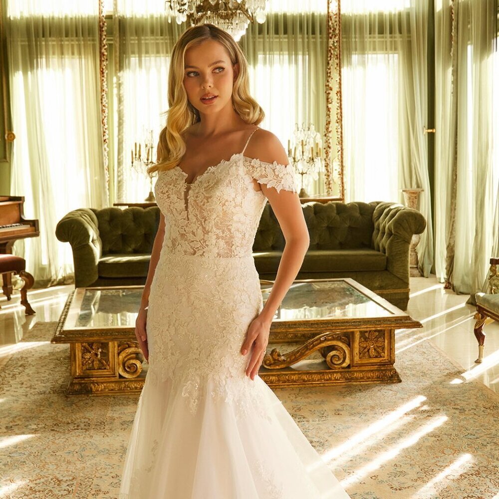 NEW OFF SHOULDER LONG WEDDING MERMAID GOWN W/ FLORAL LACE EMBROIDERY GL3537
